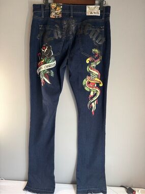 Ed Hardy Dark Blue Straight Leg Jeans with Colorful Snake & Heart Graphics
